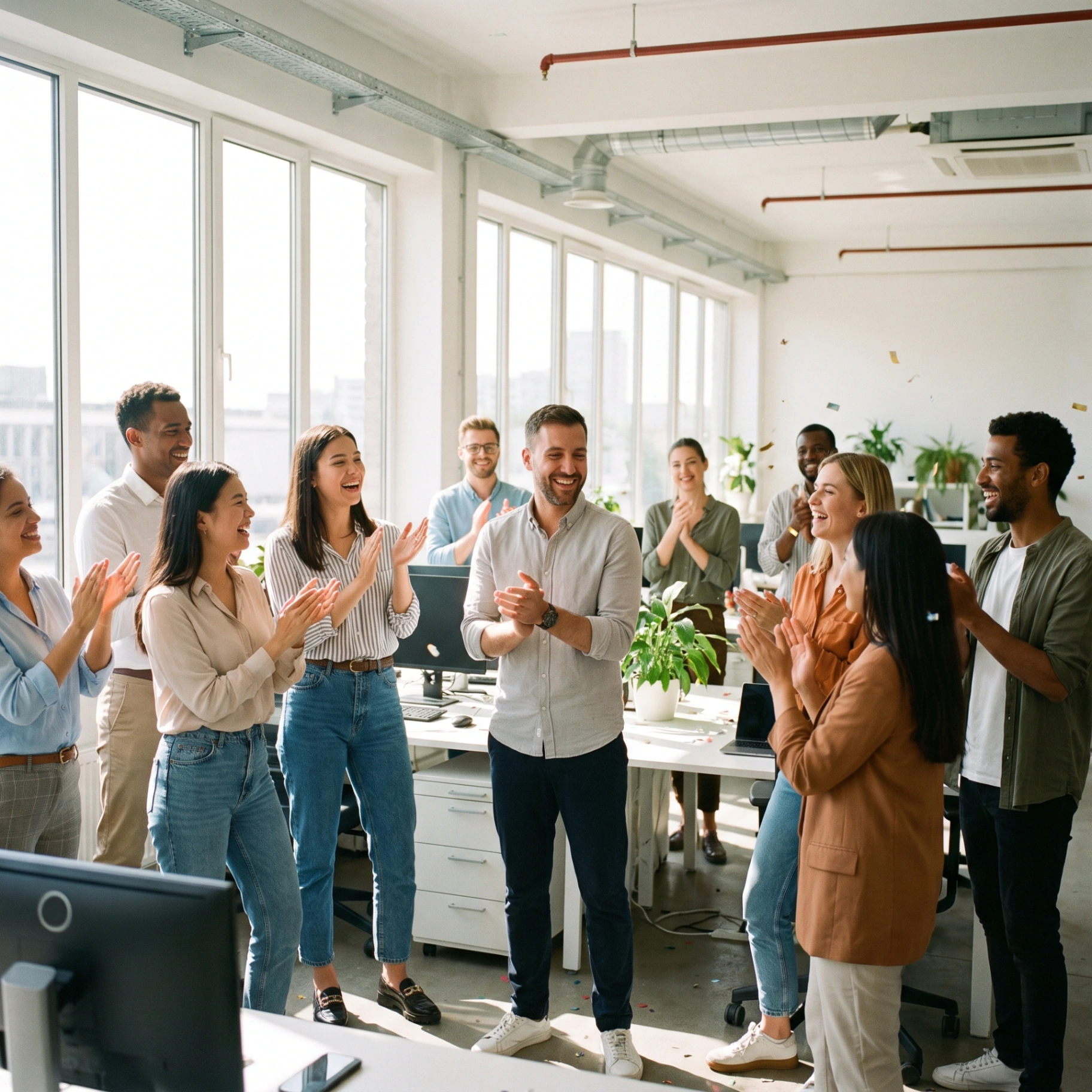 Team applaudiert gemeinsam im hellen Büro